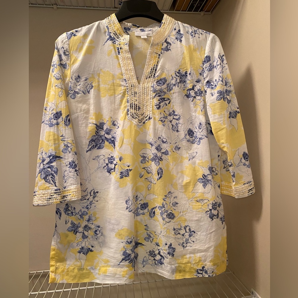 Charter Club Yellow and Blue Floral Tunic with sequins on neckline and sleeves